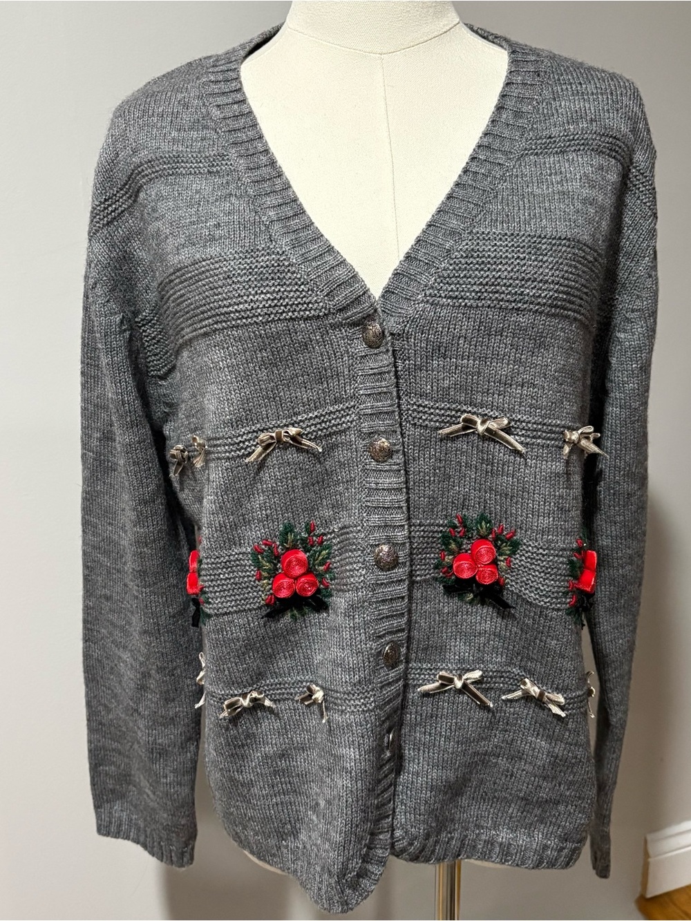Vtg Northern Traditions Embroidered Ribbons Button Up Cardigan Sz M Wool Blend‎